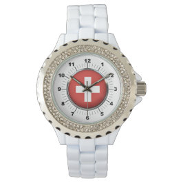 Dames Zwitserland Vlag Rhinestone Witte Horloge
