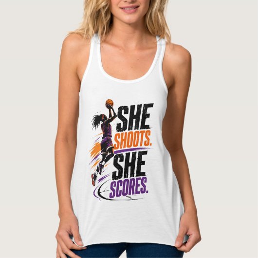 Damesbasketbal 'She Shoots She Scores' Tanktop (Voorkant)