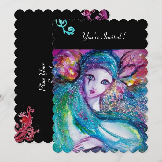 DAMESBLAUW MASKER Carnavalsfeest, Rode Draaikolken Kaart (Voorkant / Achterkant)