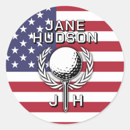 Damesgolfer Patriottisch Monogramontwerp Ronde Sticker