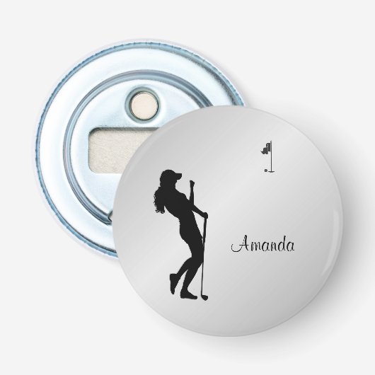Damesgolfer persoonlijk  button flesopener (Voorkant)