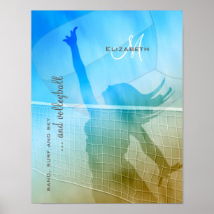 damesvolleybal op het strand zand branding lucht poster