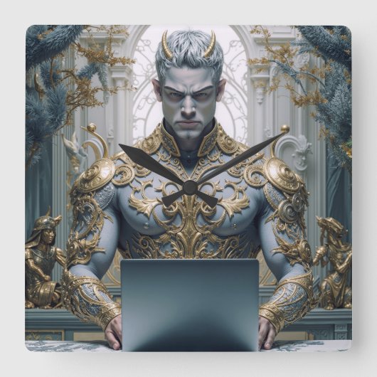 Dämonischer Krieger am Laptop Fantasy Vierkante Klok (Voorkant)