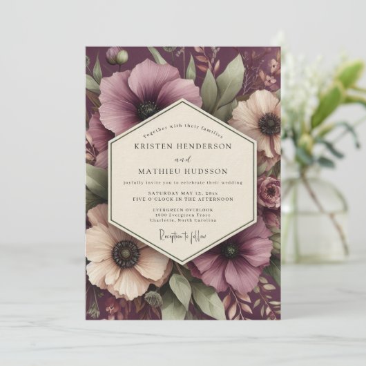 Damson Romantic Bloom Wedding Kaart (Staand voorkant)
