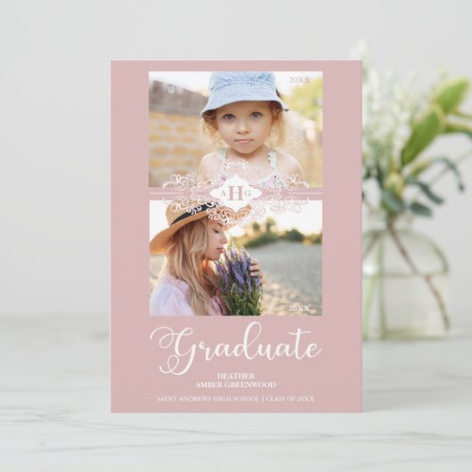 Dan en nu roze, bloederige, Afstuderen foto Kaart (Staand voorkant)