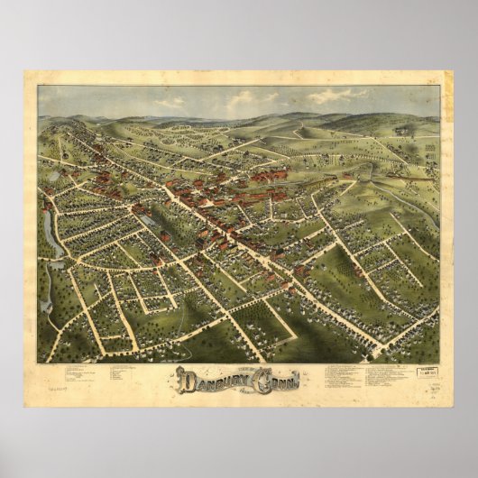 Danbury Connecticut 1885 Antiek Panoramische Kaart Poster (Voorkant)