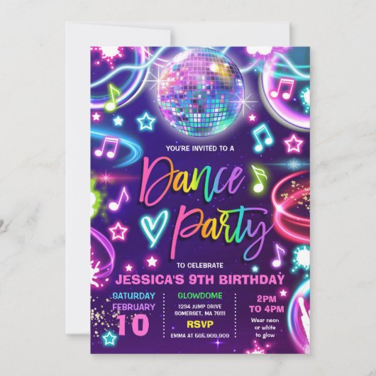 Dance Birthday Party Neon Glow Dance Disco Kaart (Voorkant)