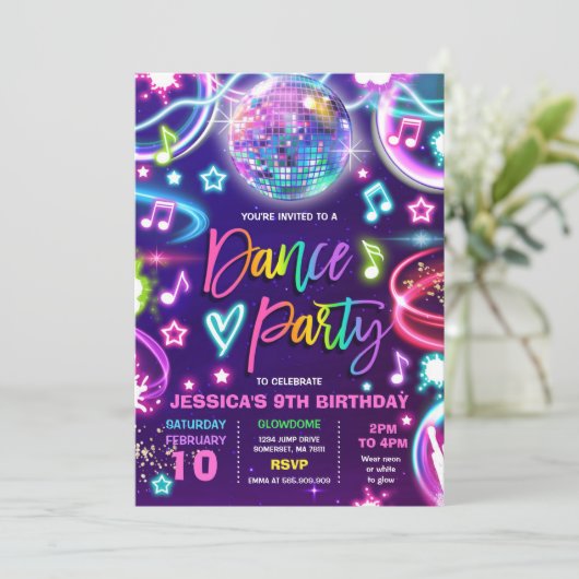 Dance Birthday Party Neon Glow Dance Disco Kaart (Staand voorkant)