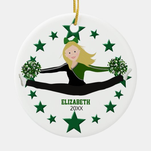 Dance Blonde Cheerleader Green Stars and White Keramisch Ornament (Voorkant)