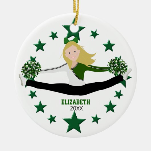 Dance Cheer Blonde Green Stars and White Keramisch Ornament (Voorkant)
