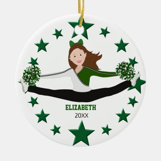 Dance Cheer Brunette Green Stars & White Keramisch Ornament (Voorkant)