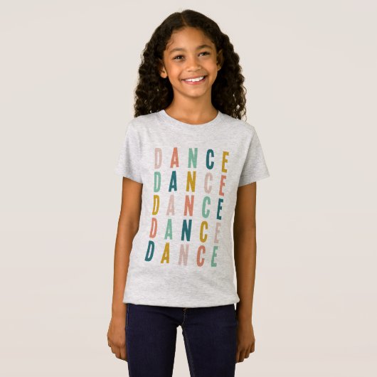 Dance | Eenvoudige kleurige dansertypografie T-shirt (Voorkant volledig)