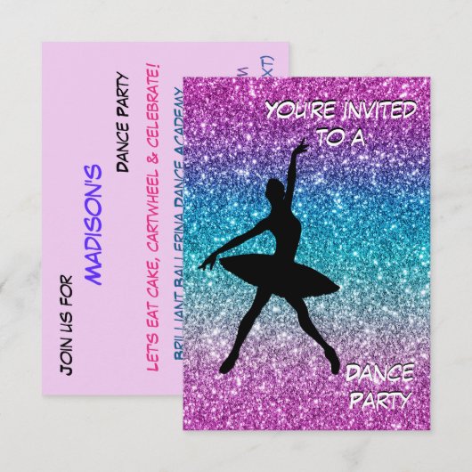 Dance Glitter Ombre Uitnodiging voor verjaardagsfe (Voorkant / Achterkant)