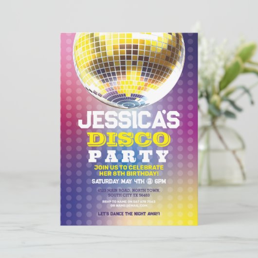 Dance Let's party Birthday Invite Girls Disco Ball Kaart (Staand voorkant)