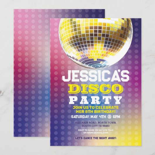 Dance Let's party Birthday Invite Girls Disco Ball Kaart (Voorkant / Achterkant)