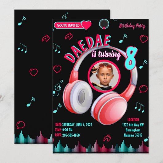 Dance Music Birthday Party Invitation Version Kaart (Voorkant / Achterkant)