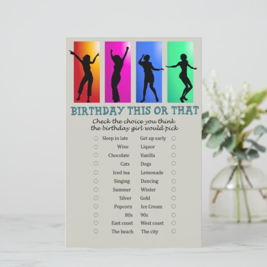 Dance party Birthday This or that Game (Staand voorkant)