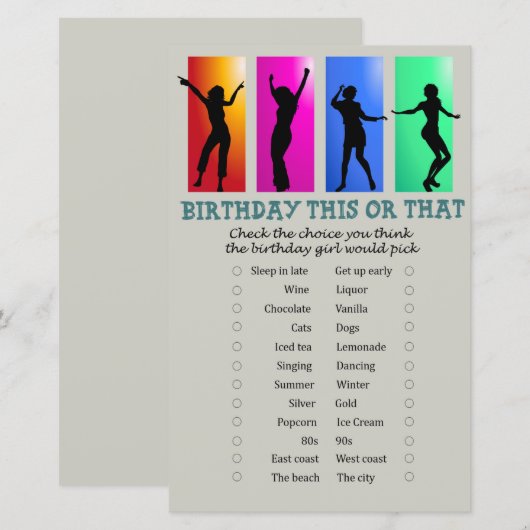 Dance party Birthday This or that Game (Voorkant / Achterkant)