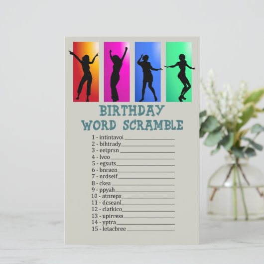 Dance party Birthday Word Scramble Game (Staand voorkant)