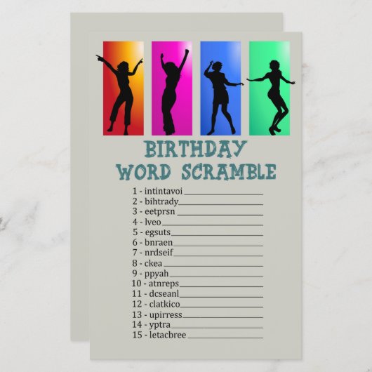 Dance party Birthday Word Scramble Game (Voorkant / Achterkant)