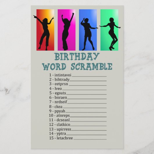 Dance party Birthday Word Scramble Game (Voorkant)