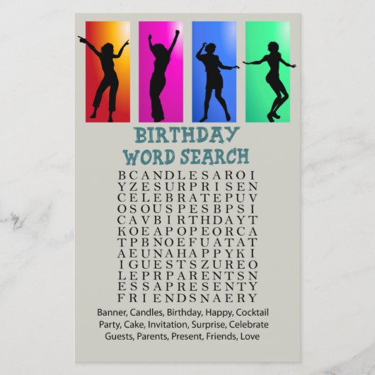 Dance party Birthday Word Search Game (Voorkant)