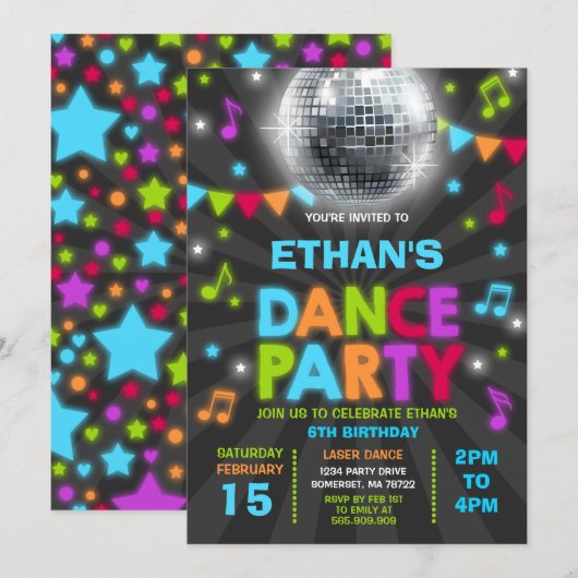Dance Party Invitation Glow Disco Party nodigt uit Kaart (Voorkant / Achterkant)