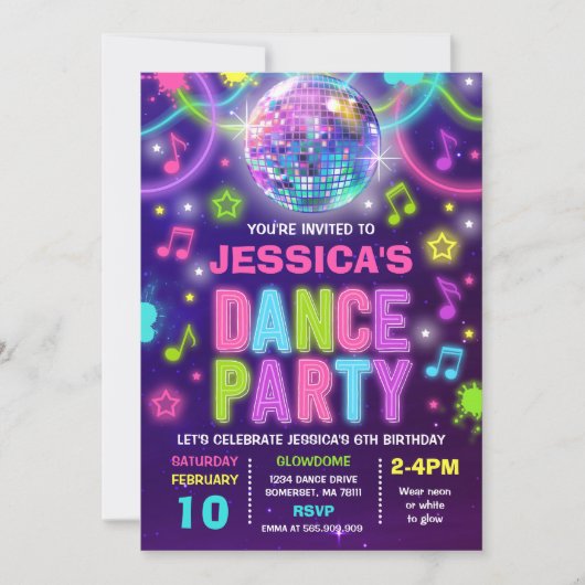 Dance Party Invitation Neon Glow Dance Party Kaart (Voorkant)