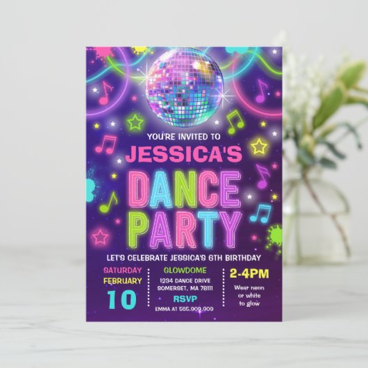Dance Party Invitation Neon Glow Dance Party Kaart (Staand voorkant)