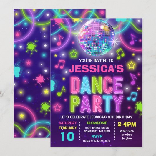 Dance Party Invitation Neon Glow Dance Party Kaart (Voorkant / Achterkant)