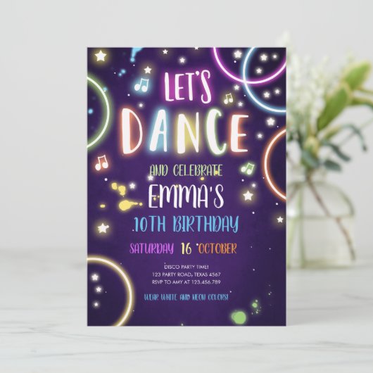 Dance Party Neon Glow Disco Birthday Uitnodiging (Staand voorkant)
