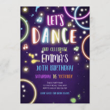 Dance Party Neon Glow Disco Birthday Uitnodiging