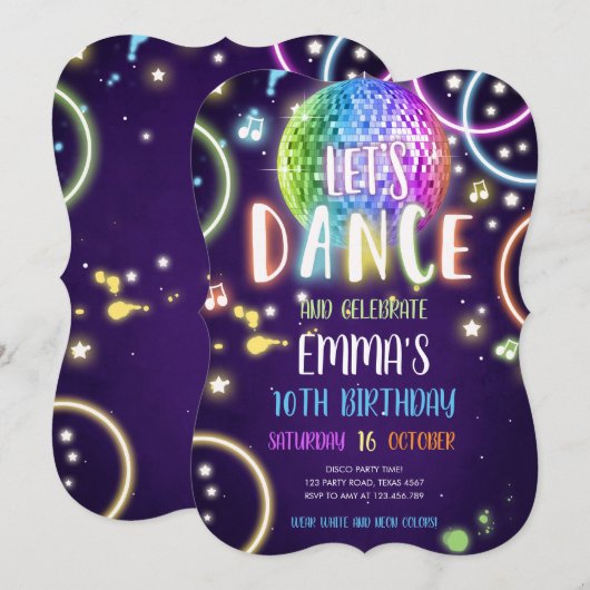 Dance Party Neon Glow Disco Birthday Uitnodiging (Voorkant / Achterkant)