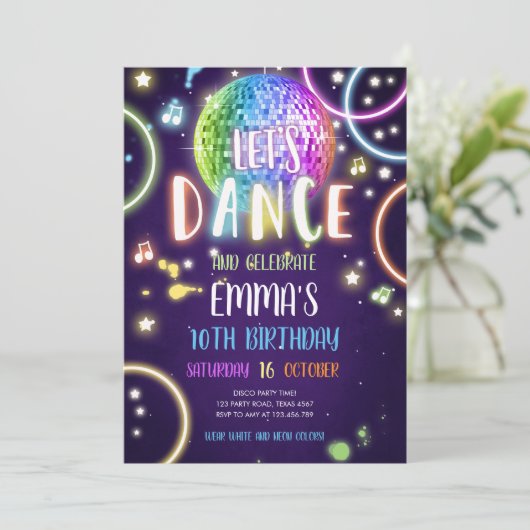 Dance Party Neon Glow Disco Birthday Uitnodiging (Staand voorkant)