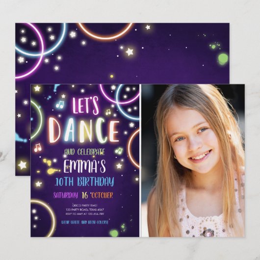 Dance Party Neon Glow Disco Verjaardagsuitnodiging Kaart (Voorkant / Achterkant)