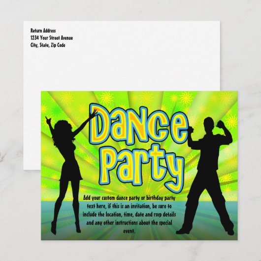 Dance Party, Neon Green/Black Uitnodiging Briefkaart (Voorkant / Achterkant)