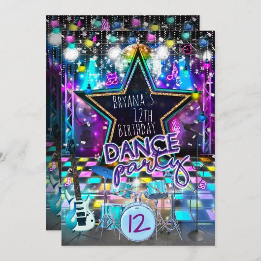 DANCE PARTY Verjaardag Musical Rock Star Uitnodigi Kaart (Voorkant / Achterkant)