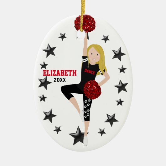 Dance Pom Girl Blonde Black en Red Keramisch Ornament (Voorkant)