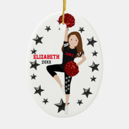 Dance Pom Girl Brunette Black en Red Keramisch Ornament