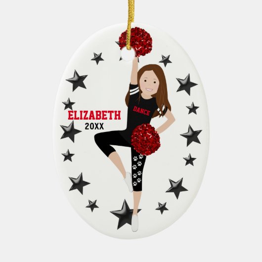 Dance Pom Girl Brunette Black en Red Keramisch Ornament (Voorkant)