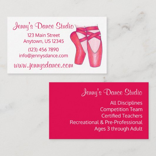 Dance Studio Teacher Pink Ballet Pointe Toeslein Visitekaartje (Voorkant / Achterkant)