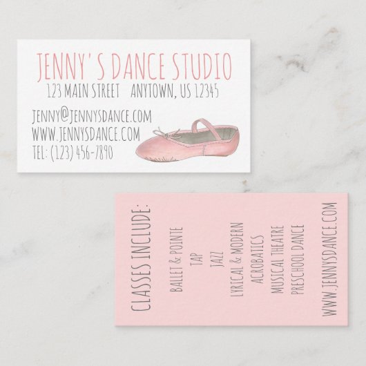 Dance Studio Teacher Pink Ballet Shoe Ballerina Visitekaartje (Voorkant / Achterkant)