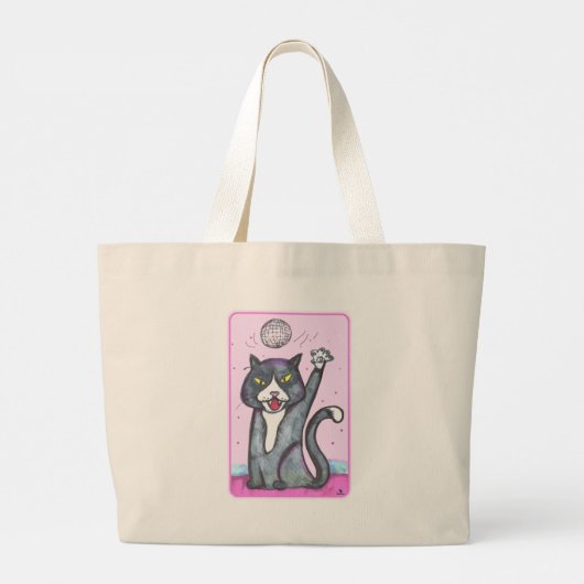 Dancer Disco Ball Cat Cartoon Fun Art Grote Tote Bag (Achterkant)