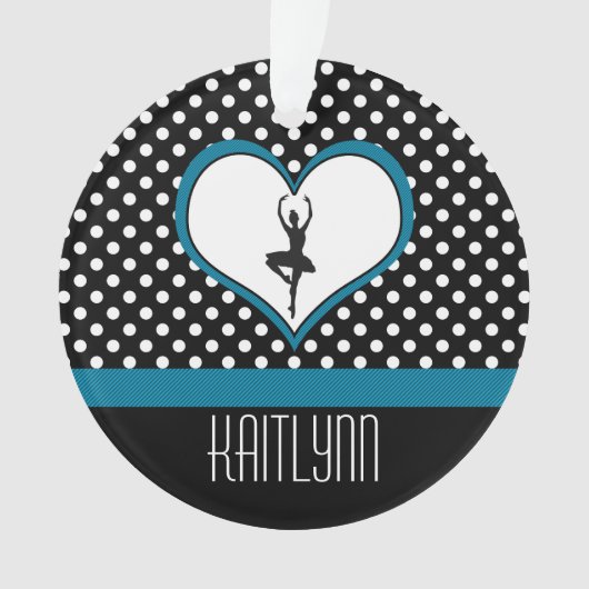 Dancer in blauw hart - zwart en wit poka-Stippen Ornament (voorkant)