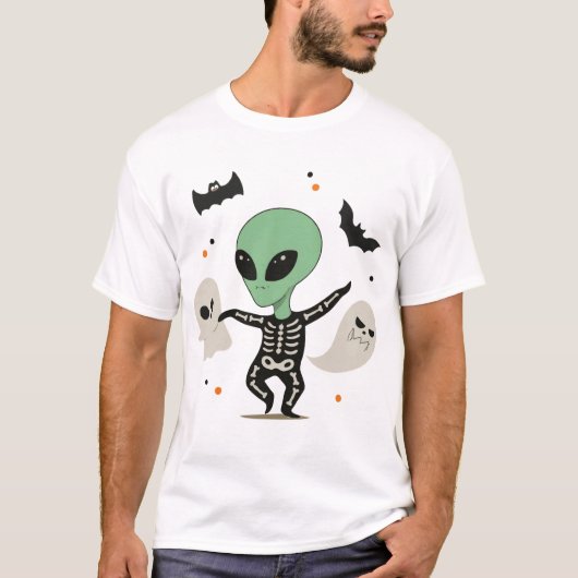 Dancing Alien Skeleton with Ghosts Halloween T-shirt (Voorkant)
