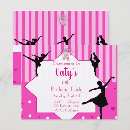 Dancing Ballerina silhouette Birthday Invitation Kaart (Voorkant / Achterkant)