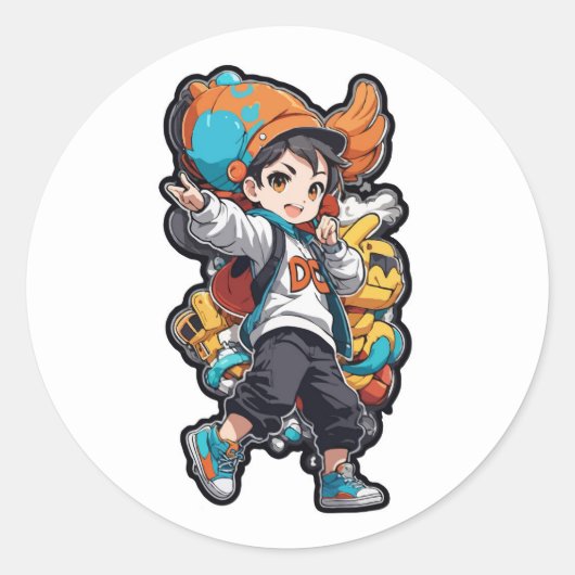 Dancing Boy met Robot Sidekick Cartoon Design Ronde Sticker (Voorkant)