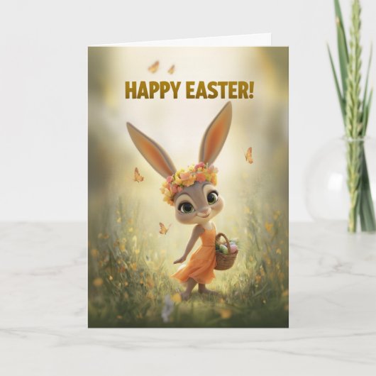 Dancing Bunny in Orange Dress Easter Card Kaart (Voorkant)