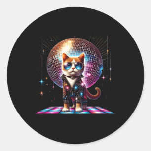 Dancing Cat Disco Ball Kitten Kat Lover Funny Pa Ronde Sticker