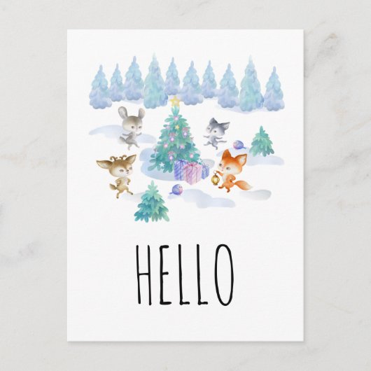 Dancing Christmas Forest Dieren Waterverf Hallo Briefkaart (Voorkant)